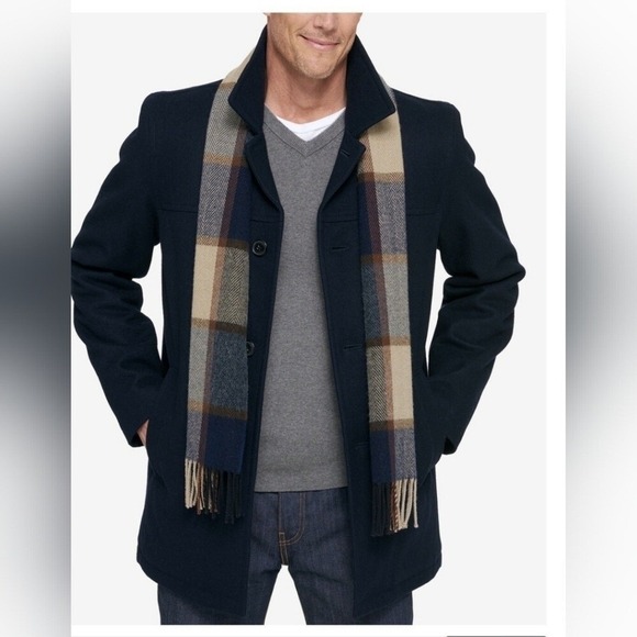 Tommy Hilfiger Men's Wool Walking Coat Trench Coat with Plaid Scarf - Picture 2 of 11